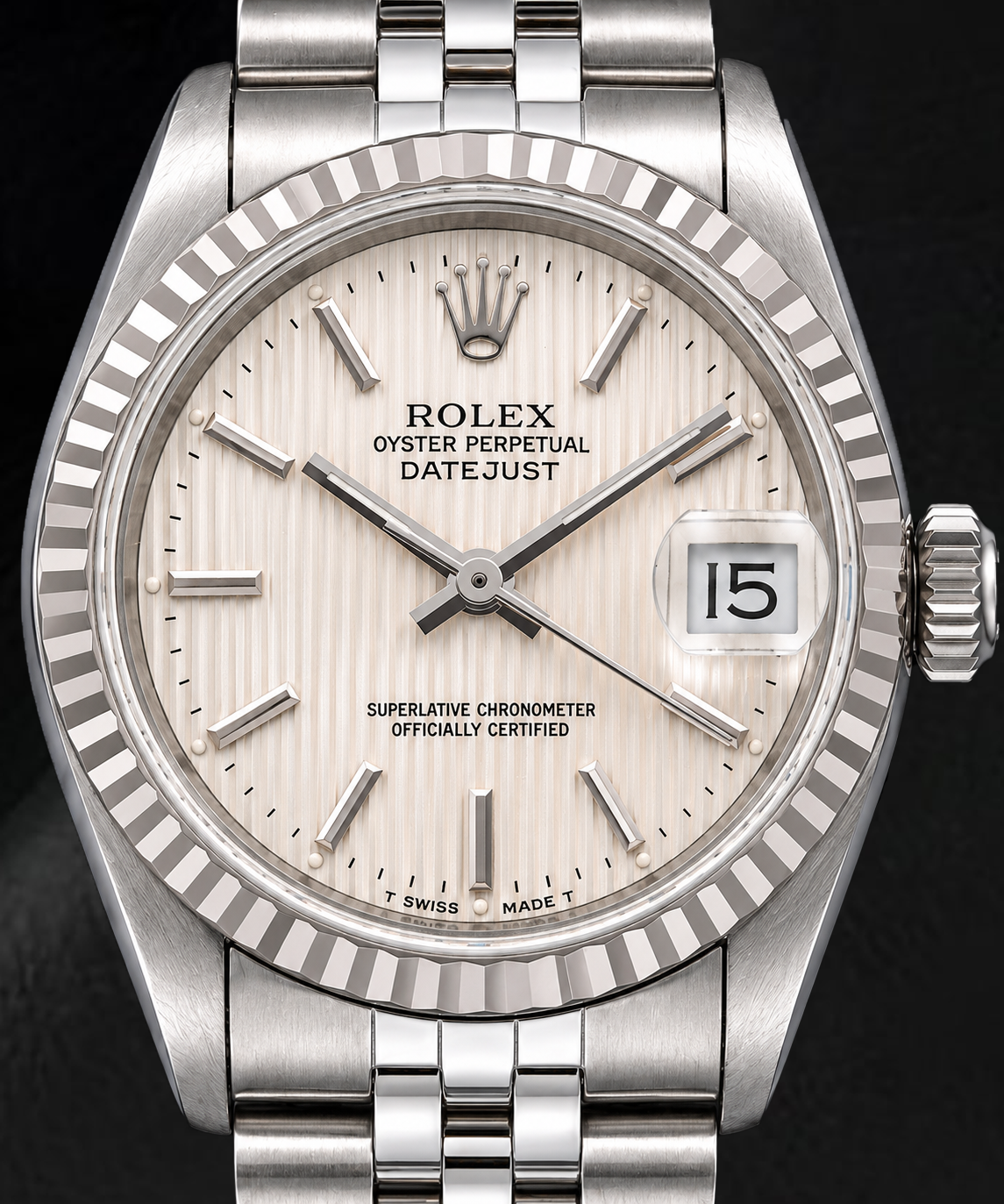 Rolex Datejust 68274 31 mm Edelstahluhr mit silbernem Tapisserie-Zifferblatt mit Stabindizes