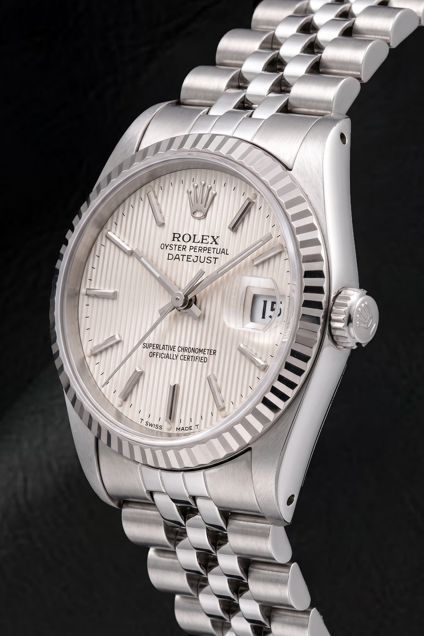 Rolex Datejust 68274 31 mm Edelstahluhr mit silbernem Tapisserie-Zifferblatt mit Stabindizes