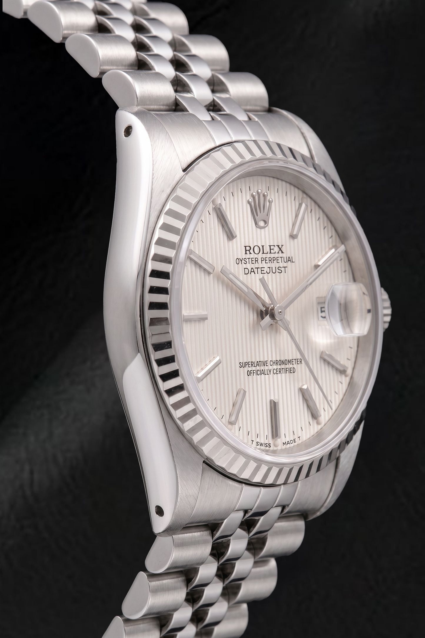 Rolex Datejust 68274 31 mm Edelstahluhr mit silbernem Tapisserie-Zifferblatt mit Stabindizes