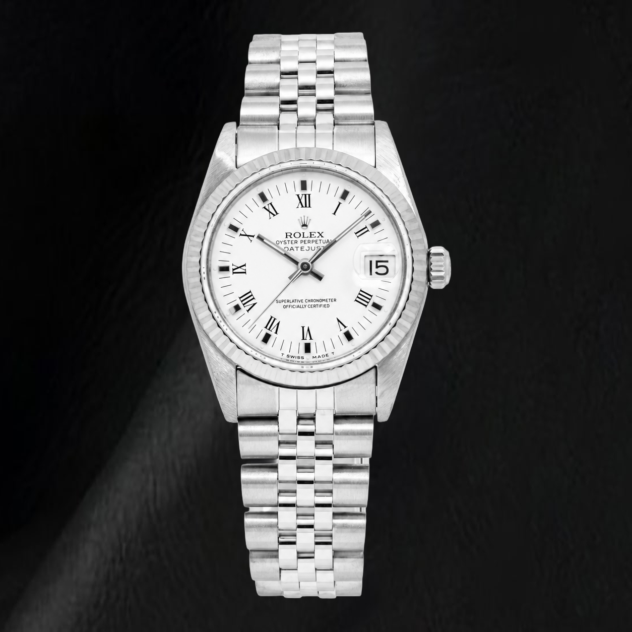 Rolex Datejust 68274 31 mm Uhr, weißes Zifferblatt mit römischen Ziffern, Edelstahl, Jubilé-Armband