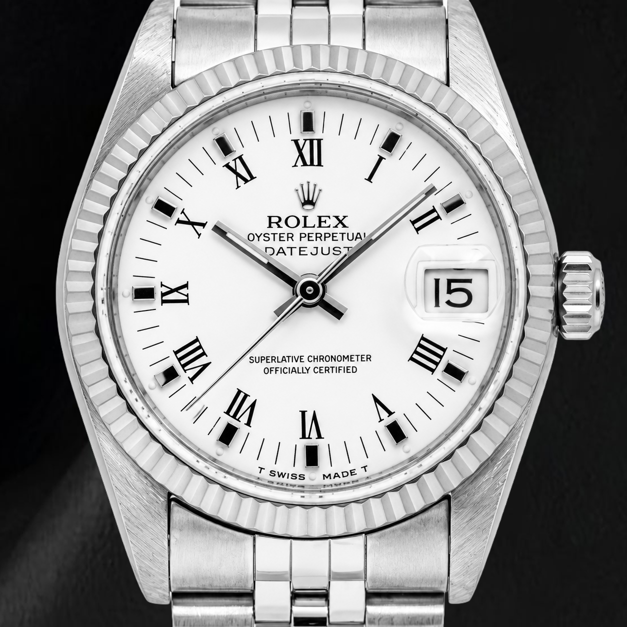 Rolex Datejust 68274 31 mm Uhr, weißes Zifferblatt mit römischen Ziffern, Edelstahl, Jubilé-Armband