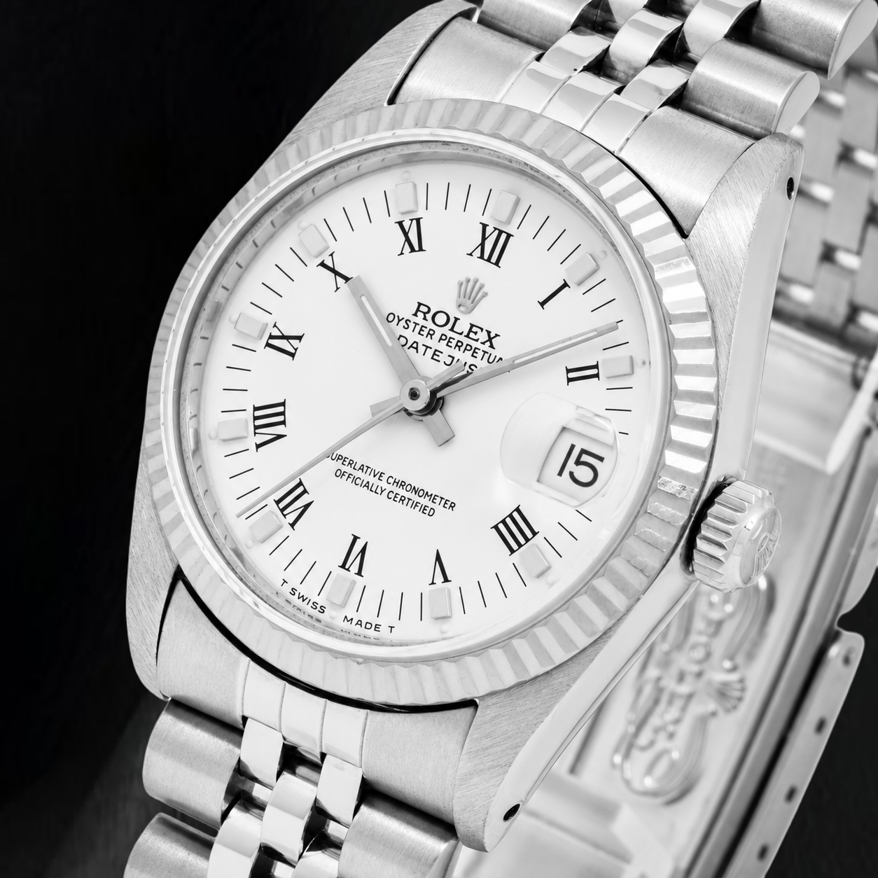 Rolex Datejust 68274 31 mm Uhr, weißes Zifferblatt mit römischen Ziffern, Edelstahl, Jubilé-Armband