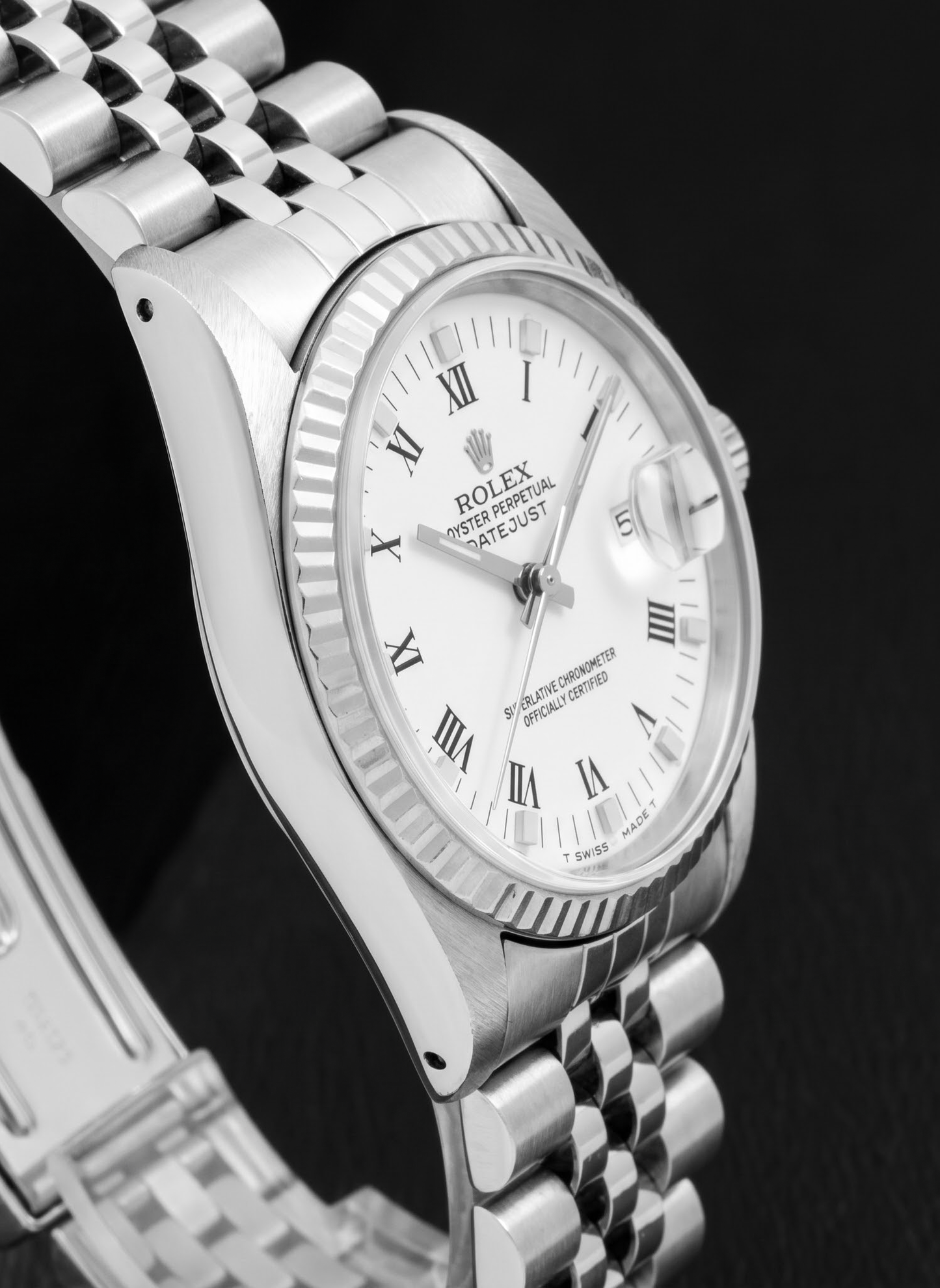 Rolex Datejust 68274 31 mm Uhr, weißes Zifferblatt mit römischen Ziffern, Edelstahl, Jubilé-Armband