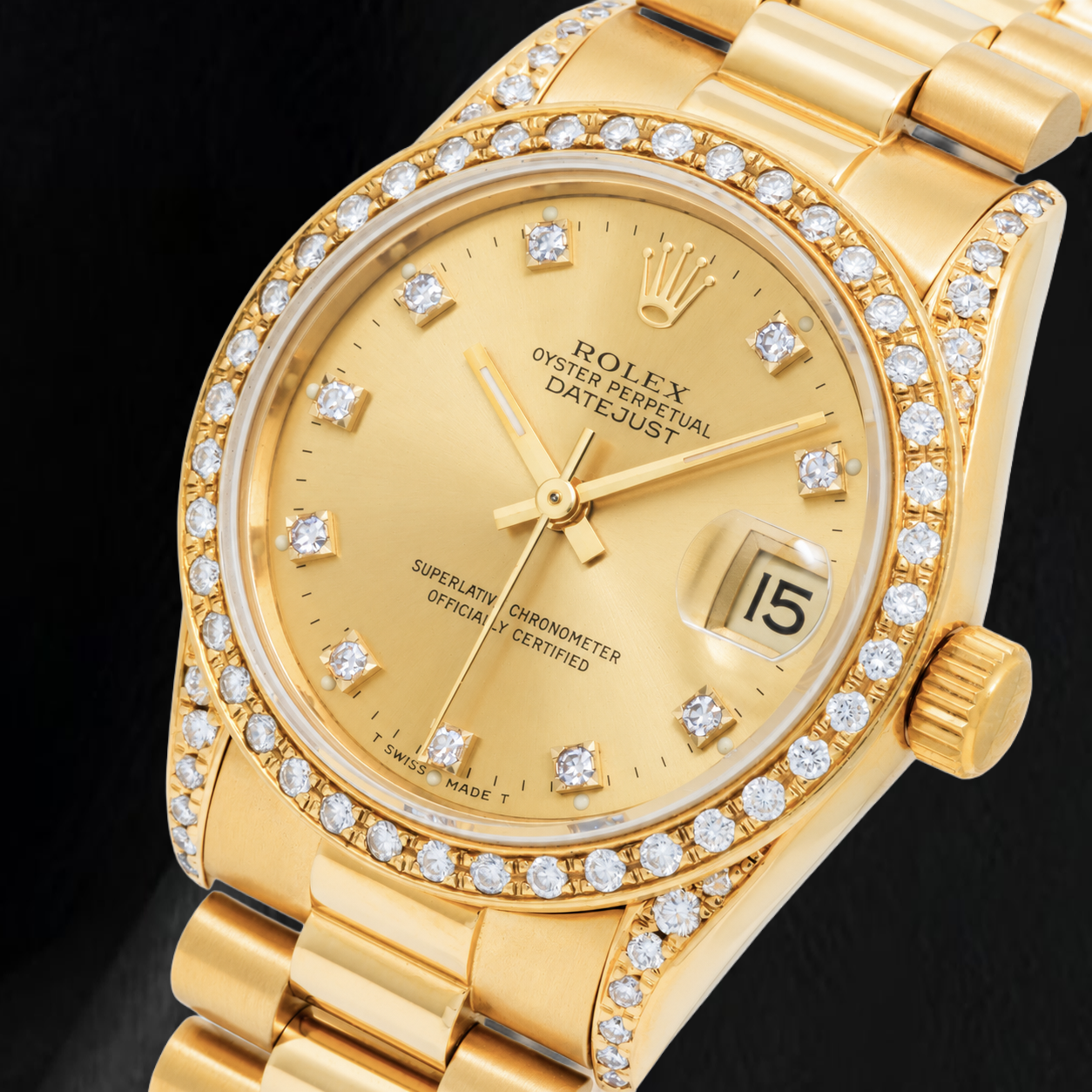 Rolex Datejust 68278 31 mm Champagner-Diamantzifferblatt President-Armband Gelbgold Uhr