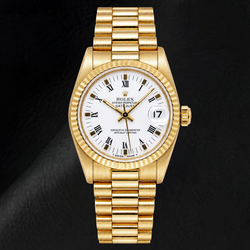 Rolex Datejust 68278 31 mm Gelbgold-Uhr mit weißem Zifferblatt und römischen Ziffern