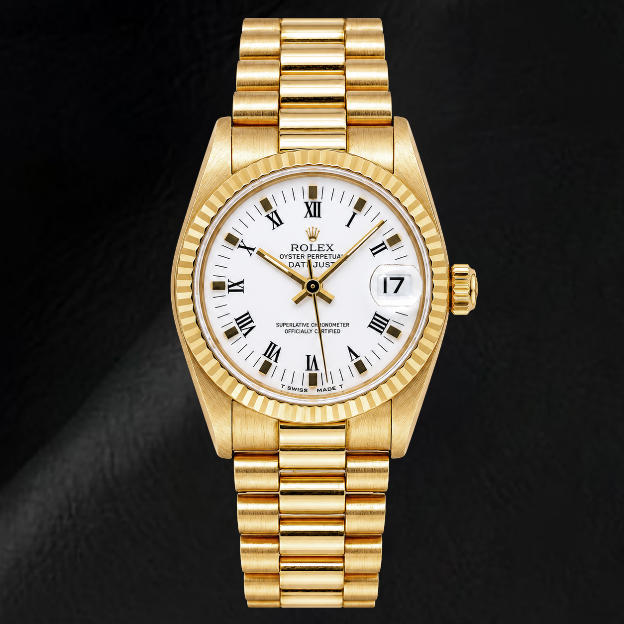 Rolex Datejust 68278 31 mm Gelbgold-Uhr mit weißem Zifferblatt und römischen Ziffern