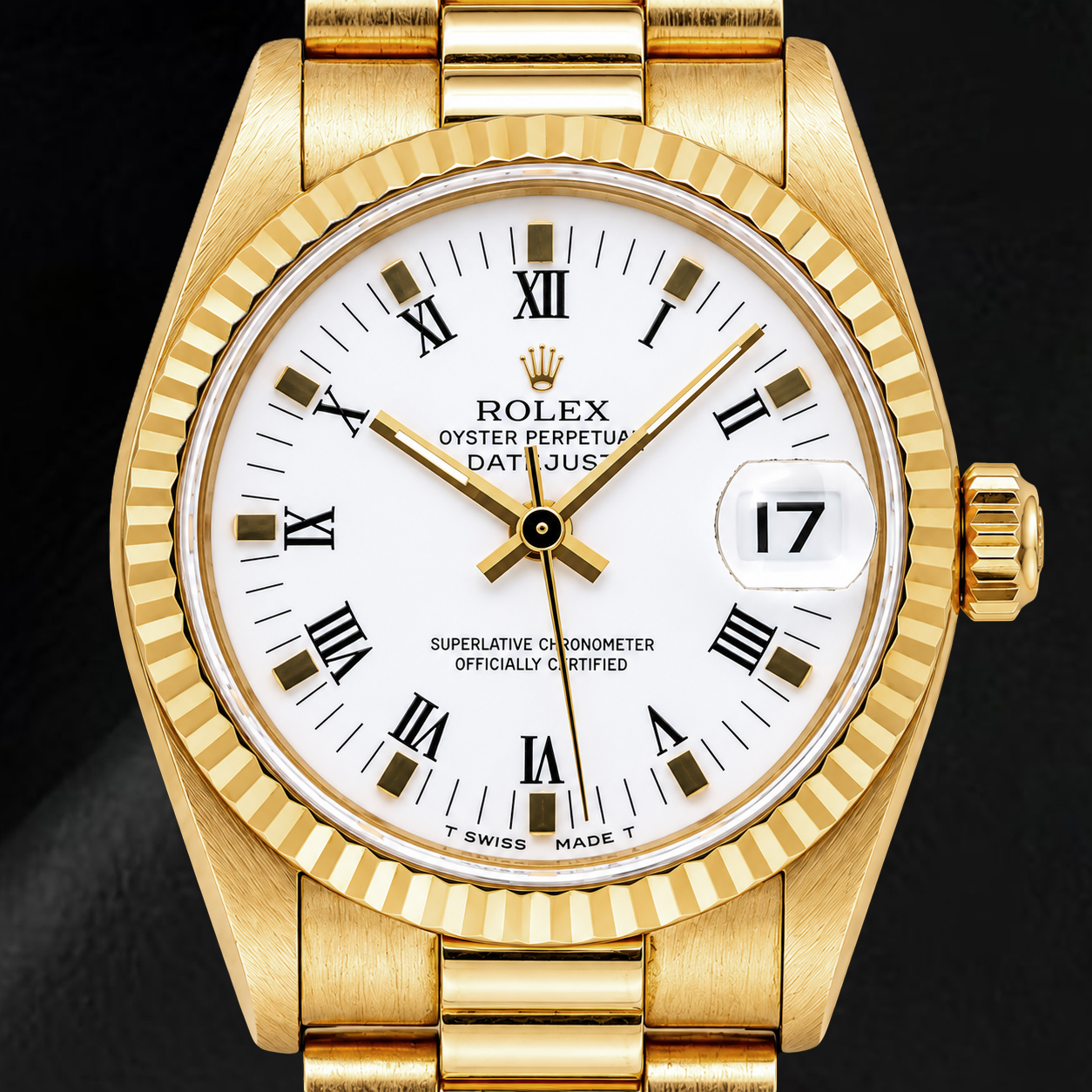 Rolex Datejust 68278 31 mm Gelbgold-Uhr mit weißem Zifferblatt und römischen Ziffern
