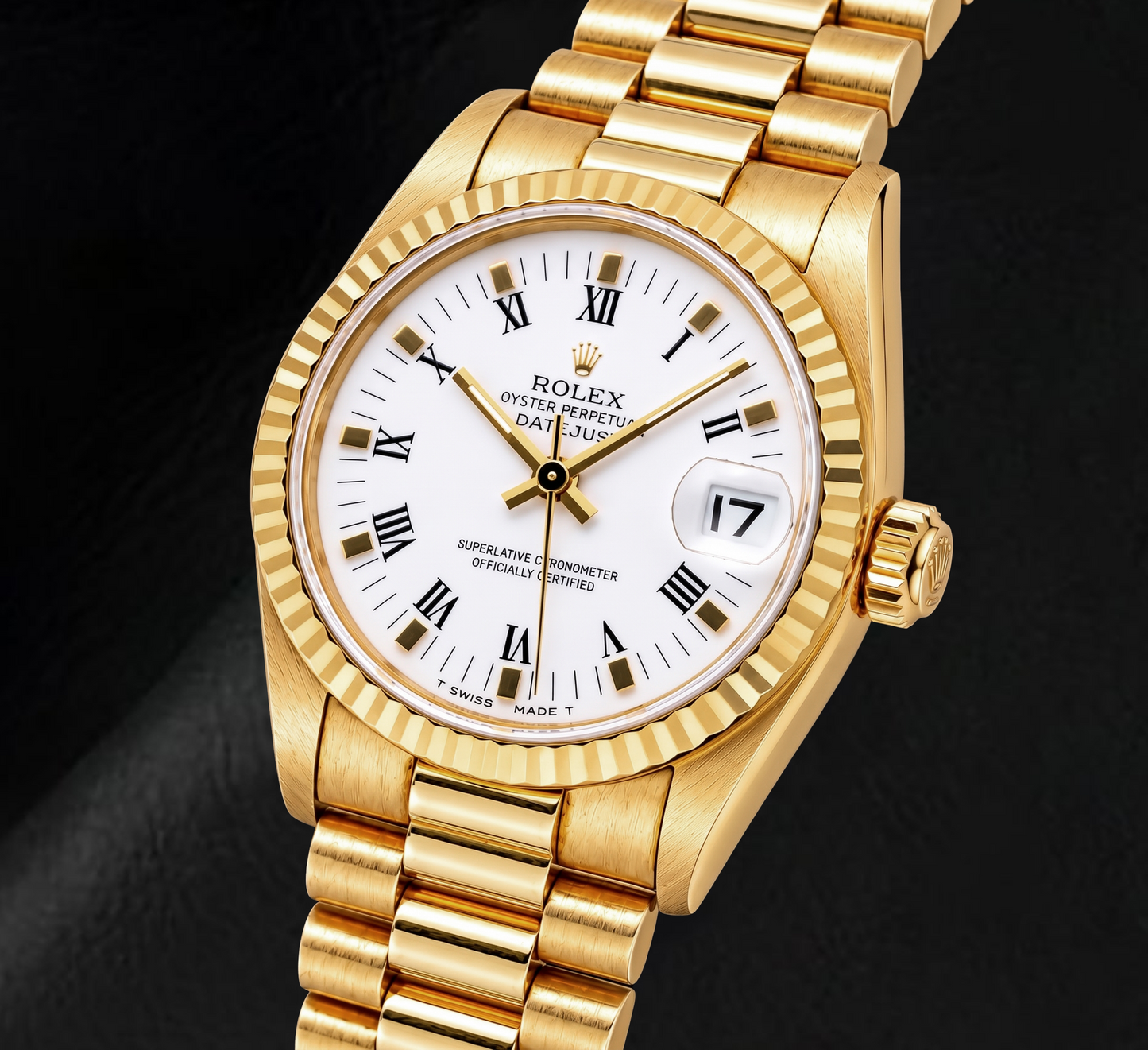 Rolex Datejust 68278 31 mm Gelbgold-Uhr mit weißem Zifferblatt und römischen Ziffern
