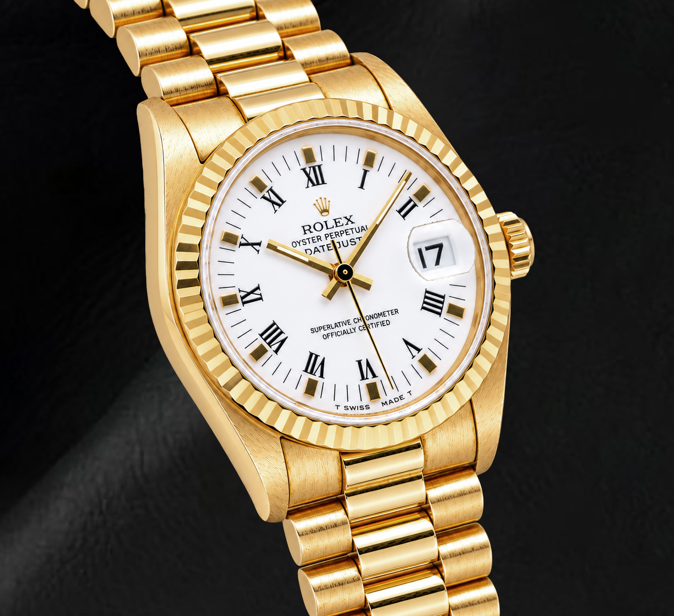 Rolex Datejust 68278 31 mm Gelbgold-Uhr mit weißem Zifferblatt und römischen Ziffern
