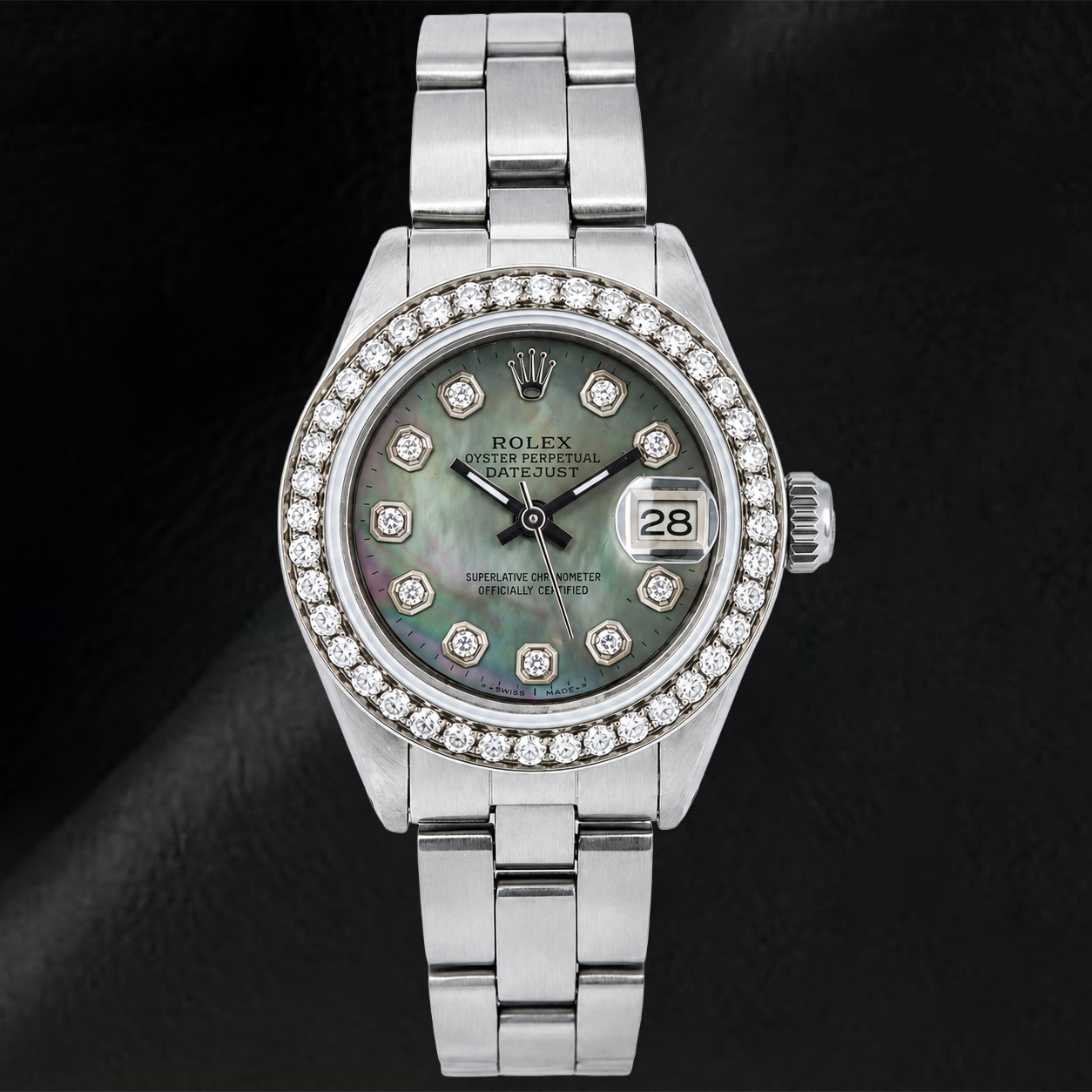 Rolex Datejust 69160 26 mm Armbanduhr aus Edelstahl mit Diamantzifferblatt aus schwarzem Perlmutt