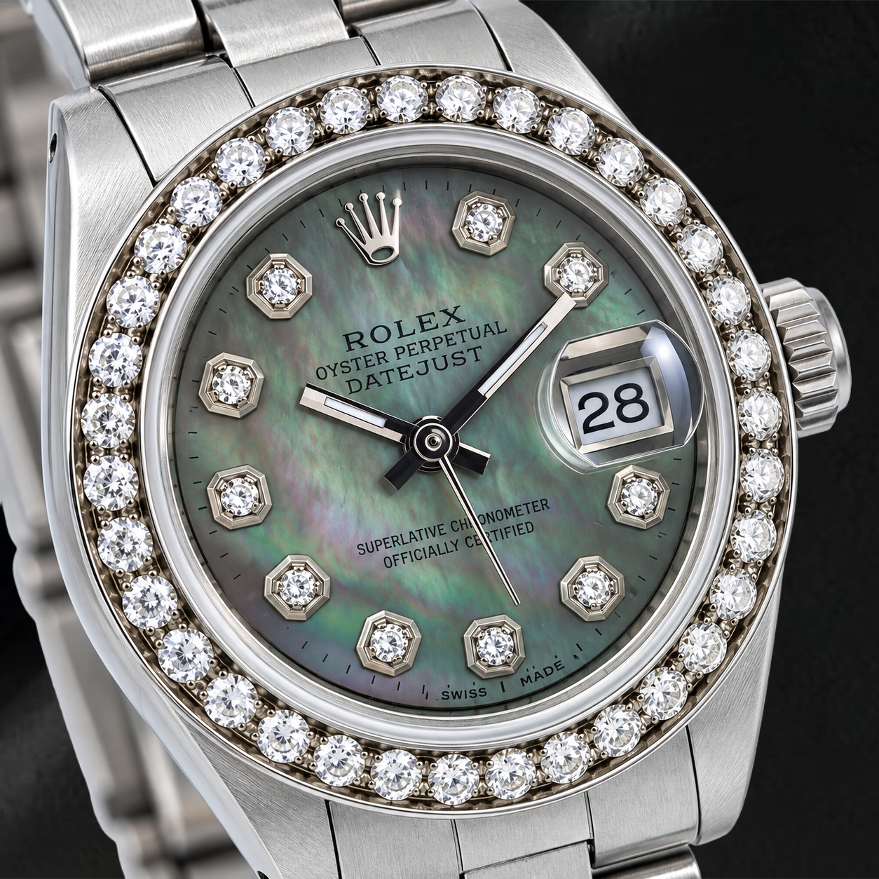 Rolex Datejust 69160 26 mm Armbanduhr aus Edelstahl mit Diamantzifferblatt aus schwarzem Perlmutt