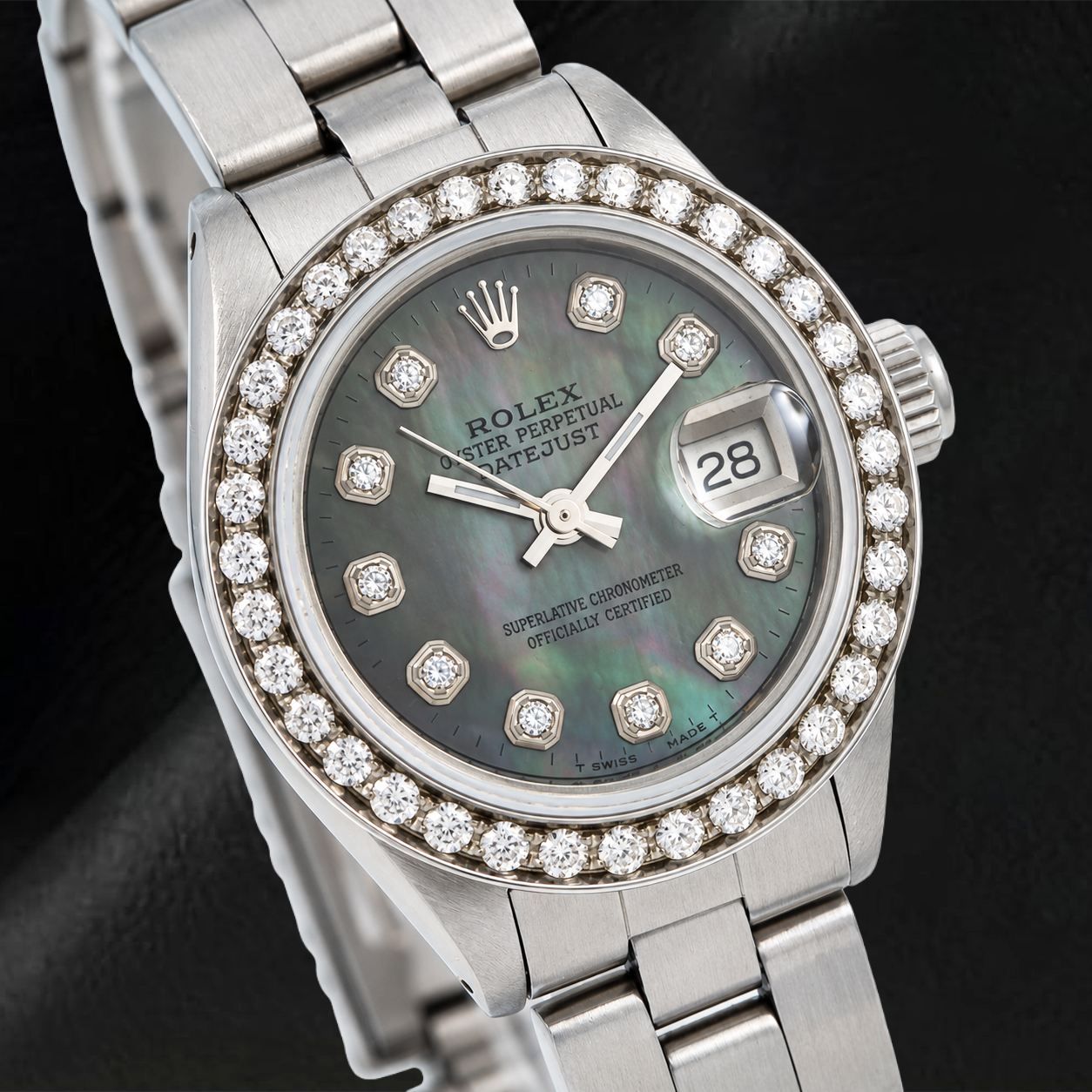 Rolex Datejust 69160 26 mm Armbanduhr aus Edelstahl mit Diamantzifferblatt aus schwarzem Perlmutt