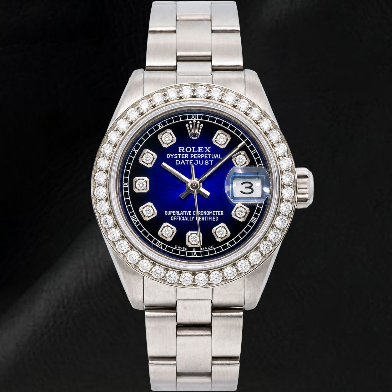 Rolex Datejust 69160 26 mm Uhr aus Edelstahl mit blauem Diamantzifferblatt und Oyster-Armband