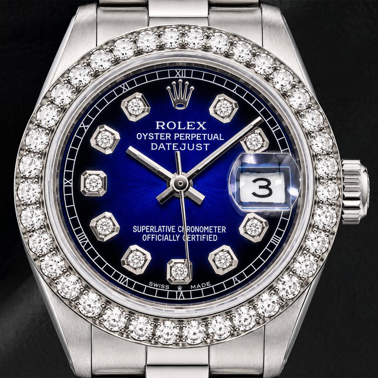 Rolex Datejust 69160 26 mm Uhr aus Edelstahl mit blauem Diamantzifferblatt und Oyster-Armband