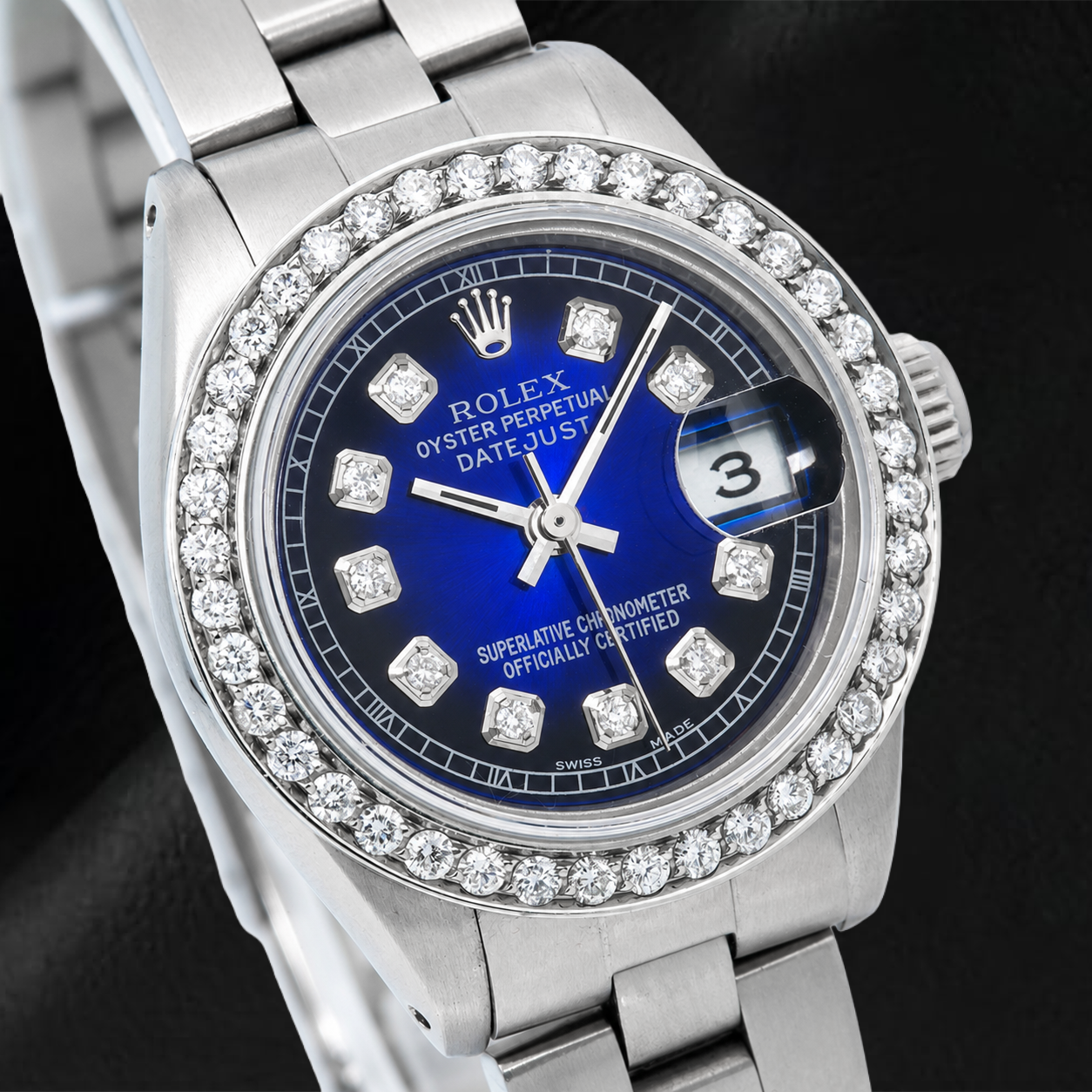 Rolex Datejust 69160 26 mm Uhr aus Edelstahl mit blauem Diamantzifferblatt und Oyster-Armband