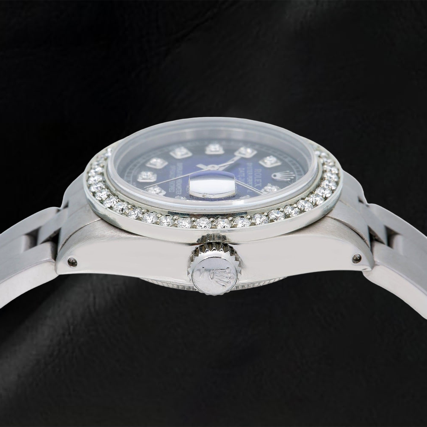 Rolex Datejust 69160 26 mm Uhr aus Edelstahl mit blauem Diamantzifferblatt und Oyster-Armband