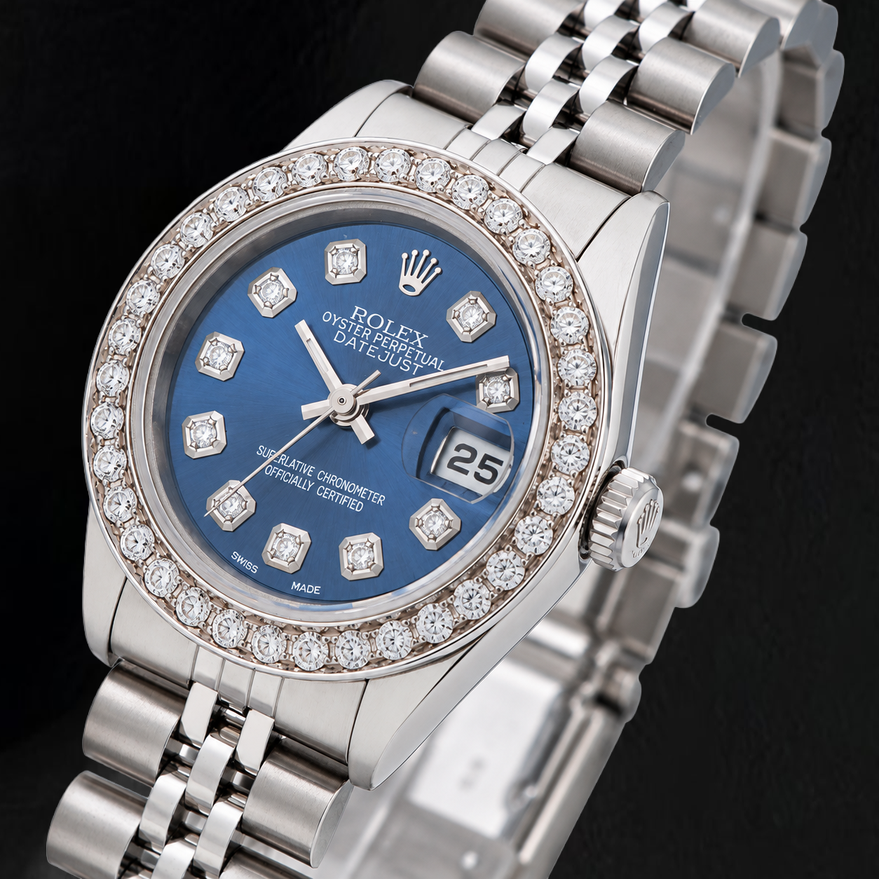 Rolex Datejust 69160 26 mm Edelstahl-Uhr mit blauem Diamantzifferblatt