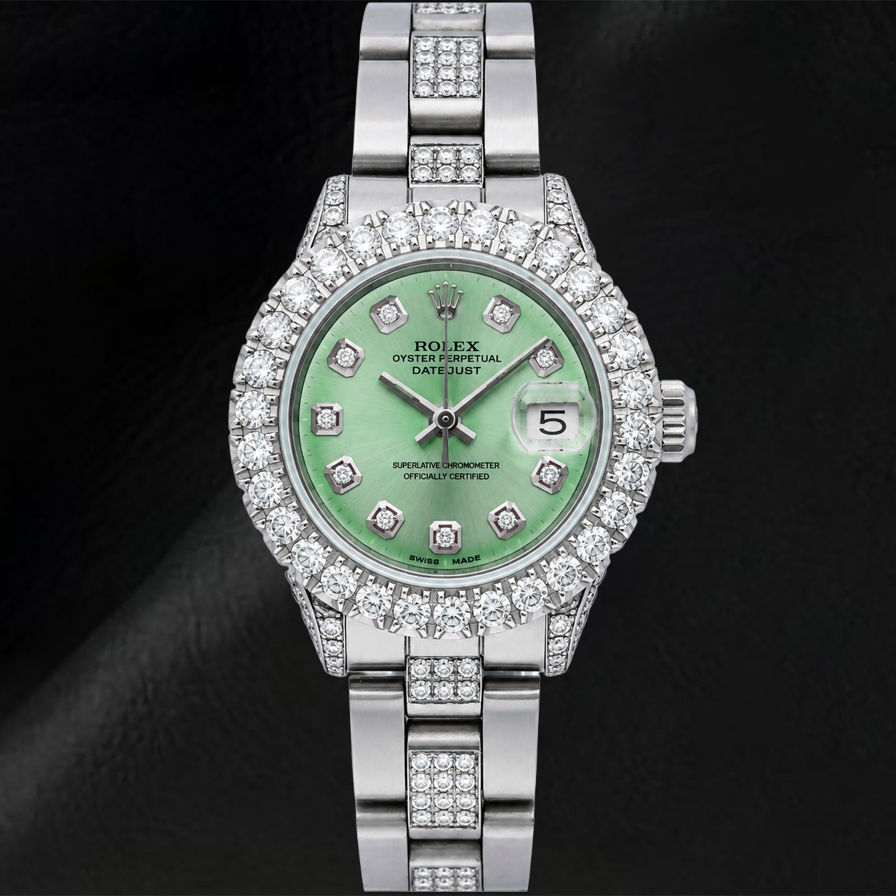 Rolex Datejust 69160 26 mm Uhr aus Edelstahl, grünes Diamantzifferblatt, Teil-Diamantbesatz, Oyster-Armband