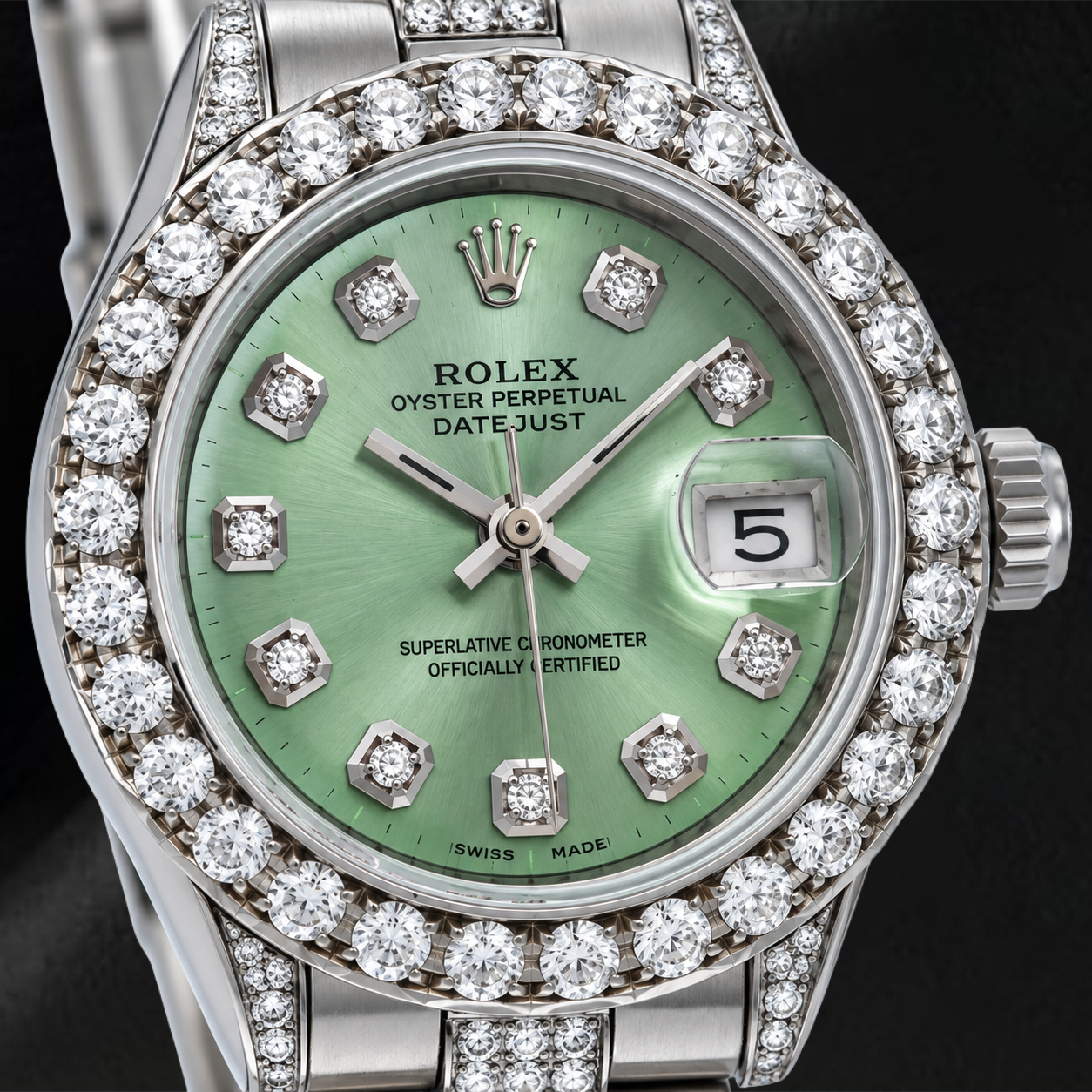 Rolex Datejust 69160 26 mm Uhr aus Edelstahl, grünes Diamantzifferblatt, Teil-Diamantbesatz, Oyster-Armband