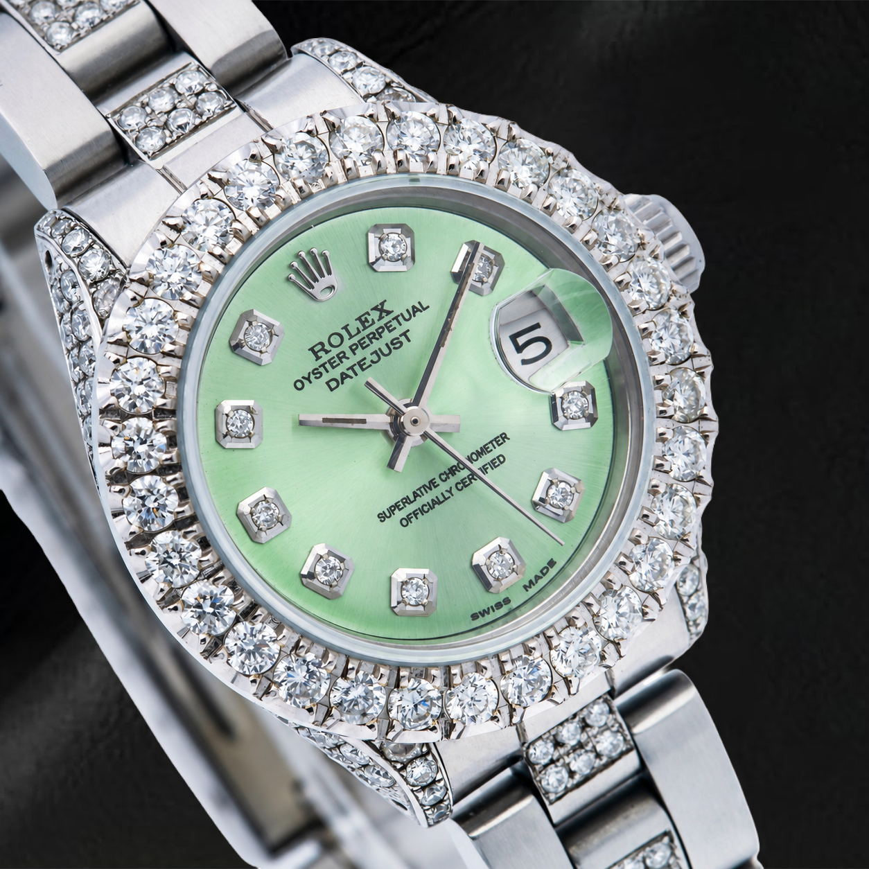 Rolex Datejust 69160 26 mm Uhr aus Edelstahl, grünes Diamantzifferblatt, Teil-Diamantbesatz, Oyster-Armband