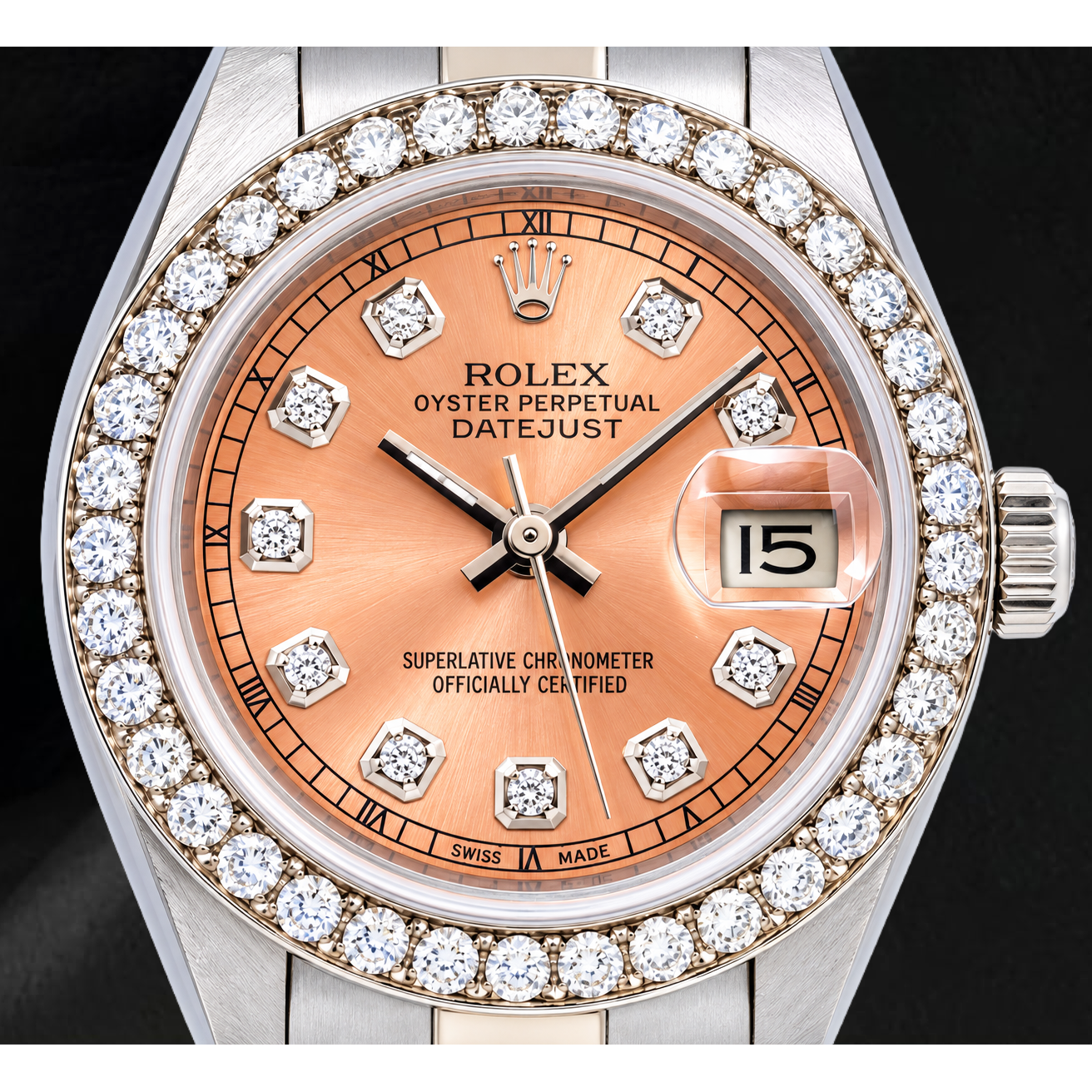 Rolex Datejust 69160 26 mm Uhr aus Edelstahl mit lachsfarbenem Diamantzifferblatt und Oyster-Armband