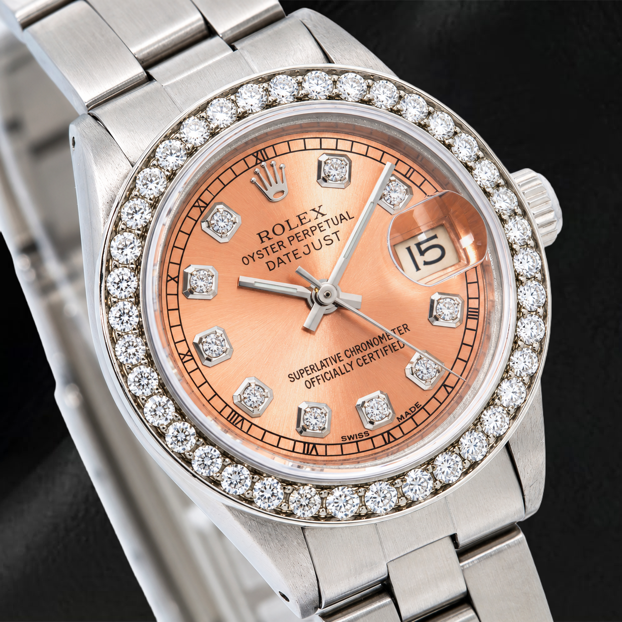 Rolex Datejust 69160 26 mm Uhr aus Edelstahl mit lachsfarbenem Diamantzifferblatt und Oyster-Armband