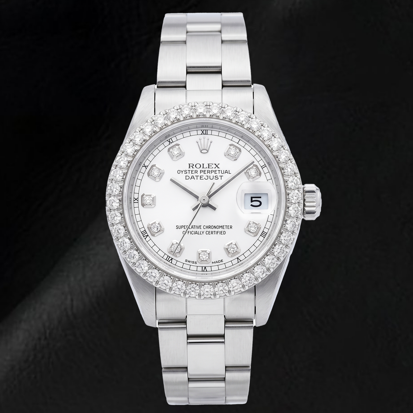 Rolex Datejust 69160 26 mm Uhr aus Edelstahl mit Diamantzifferblatt aus weißem Perlmutt