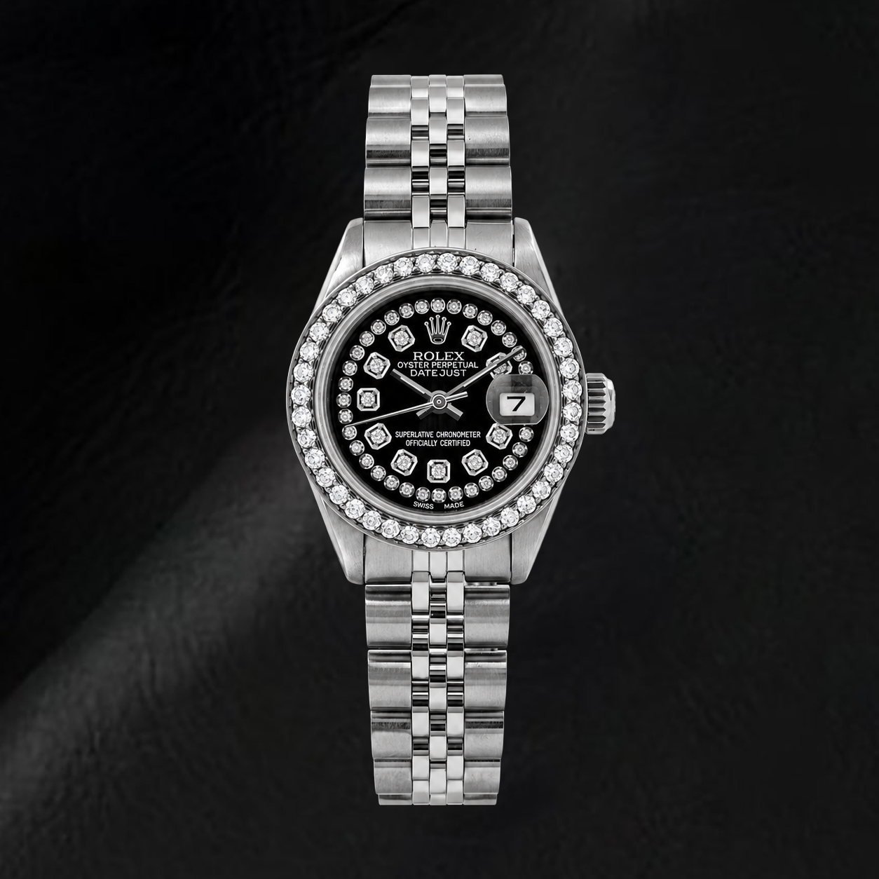 Rolex Datejust 6916 26 mm Edelstahluhr mit schwarzem Diamantzifferblatt mit Diamantkranz