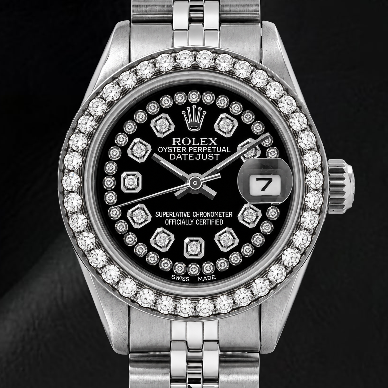 Rolex Datejust 6916 26 mm Edelstahluhr mit schwarzem Diamantzifferblatt mit Diamantkranz