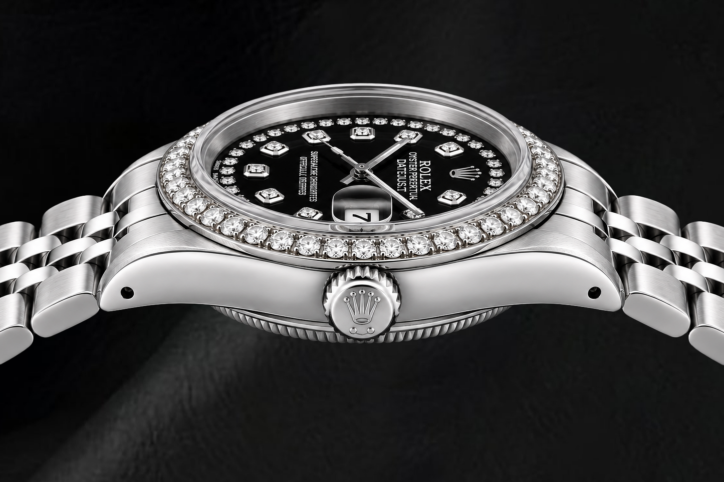 Rolex Datejust 6916 26 mm Edelstahluhr mit schwarzem Diamantzifferblatt mit Diamantkranz