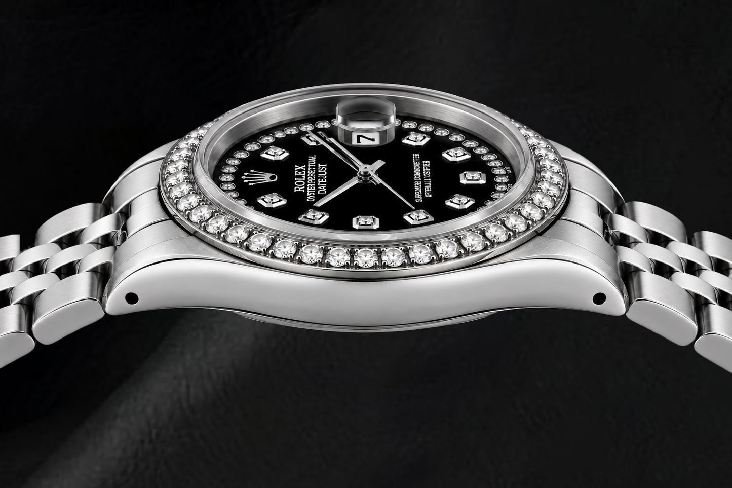 Rolex Datejust 6916 26 mm Edelstahluhr mit schwarzem Diamantzifferblatt mit Diamantkranz