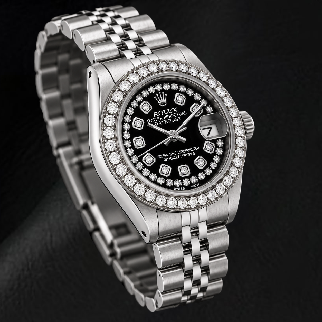 Rolex Datejust 6916 26 mm Edelstahluhr mit schwarzem Diamantzifferblatt mit Diamantkranz