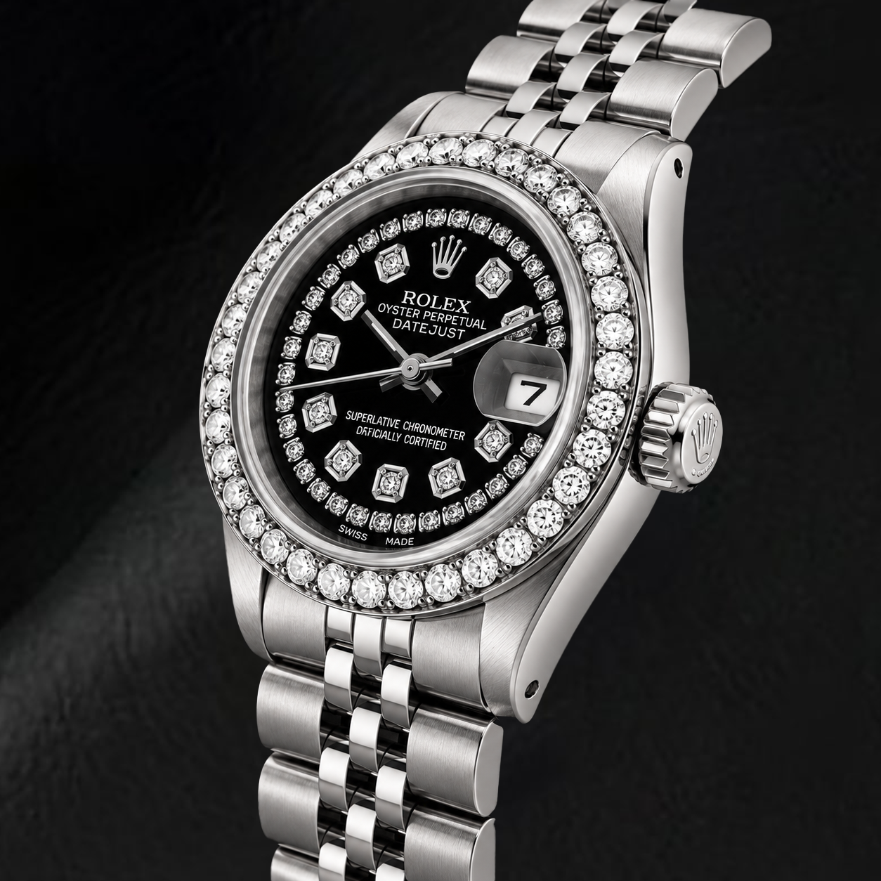 Rolex Datejust 6916 26 mm Edelstahluhr mit schwarzem Diamantzifferblatt mit Diamantkranz