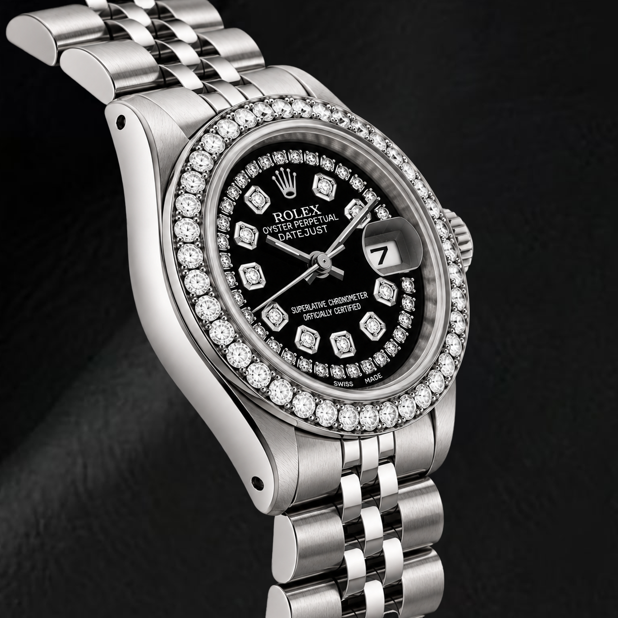 Rolex Datejust 6916 26 mm Edelstahluhr mit schwarzem Diamantzifferblatt mit Diamantkranz