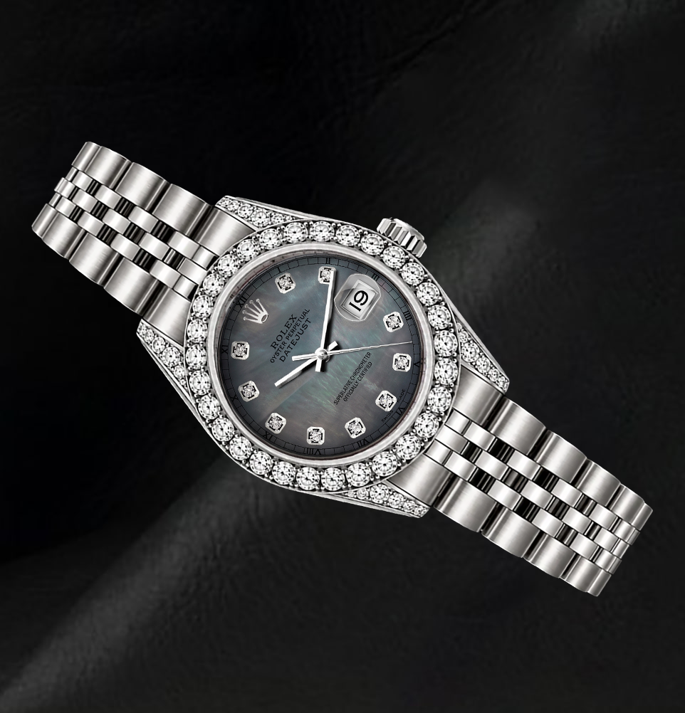 Rolex Datejust 6916 26 mm Edelstahl-Armbanduhr mit schwarzem Perlmutt-Diamantzifferblatt