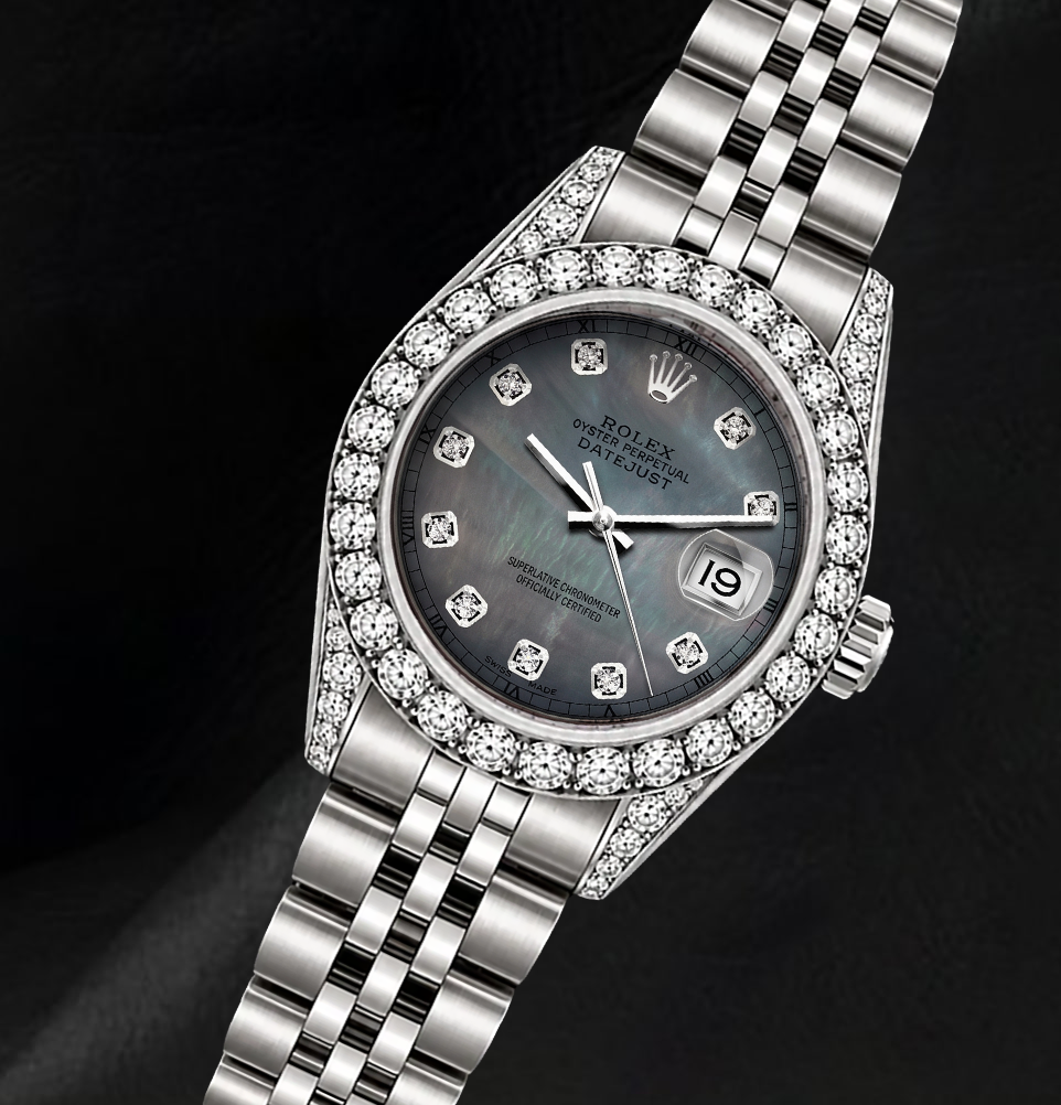 Rolex Datejust 6916 26 mm Edelstahl-Armbanduhr mit schwarzem Perlmutt-Diamantzifferblatt