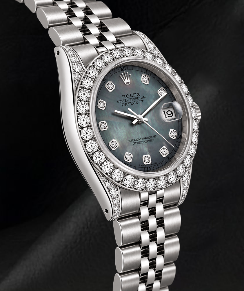Rolex Datejust 6916 26 mm Edelstahl-Armbanduhr mit schwarzem Perlmutt-Diamantzifferblatt