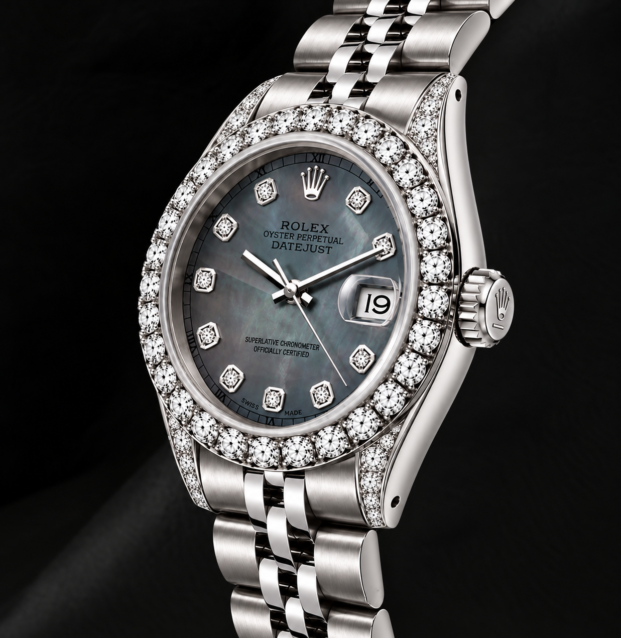 Rolex Datejust 6916 26 mm Edelstahl-Armbanduhr mit schwarzem Perlmutt-Diamantzifferblatt