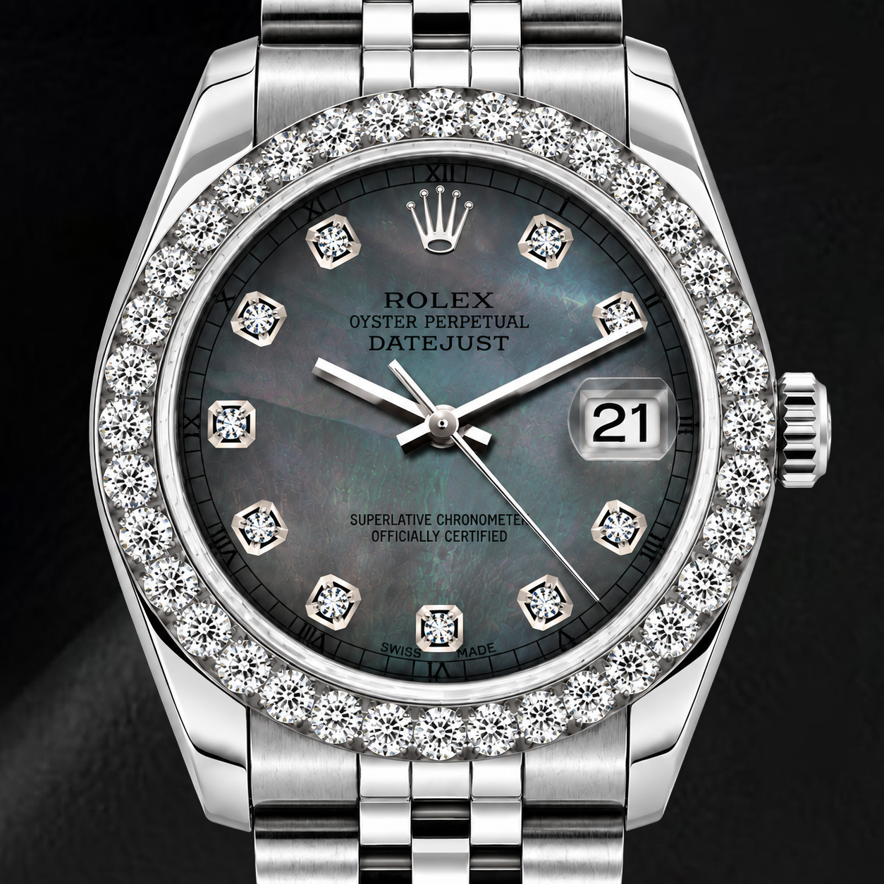 Rolex Datejust 6916 26 mm Edelstahluhr mit schwarzem Perlmutt-Diamantzifferblatt