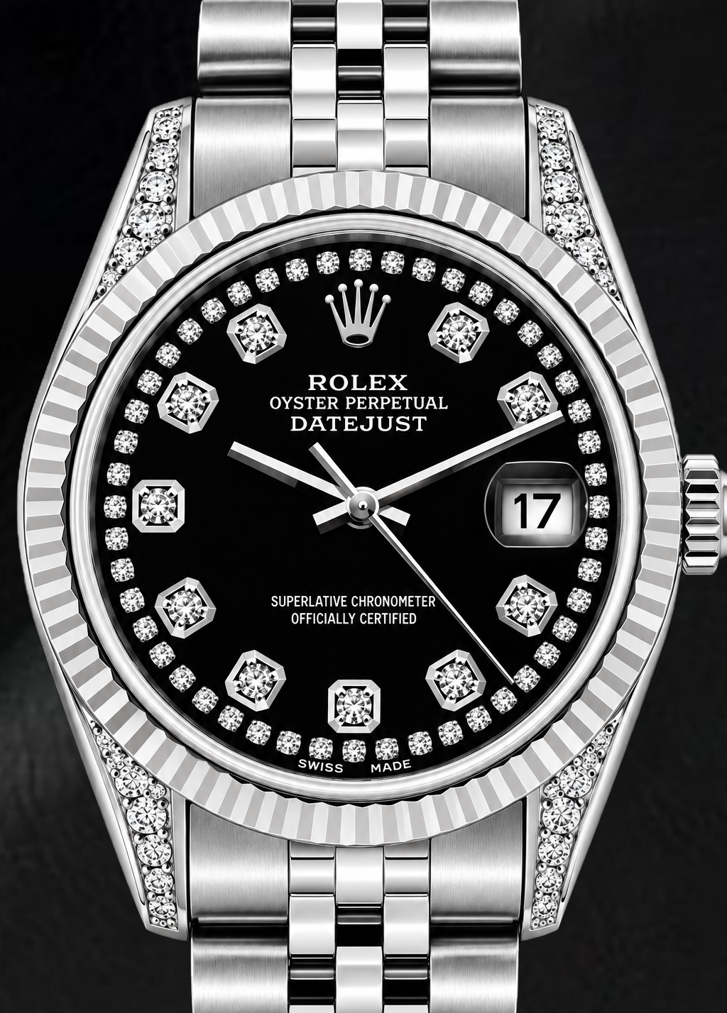 Rolex Datejust 6916 26 mm Uhr aus Edelstahl mit schwarzem Diamantzifferblatt mit Diamantkranz