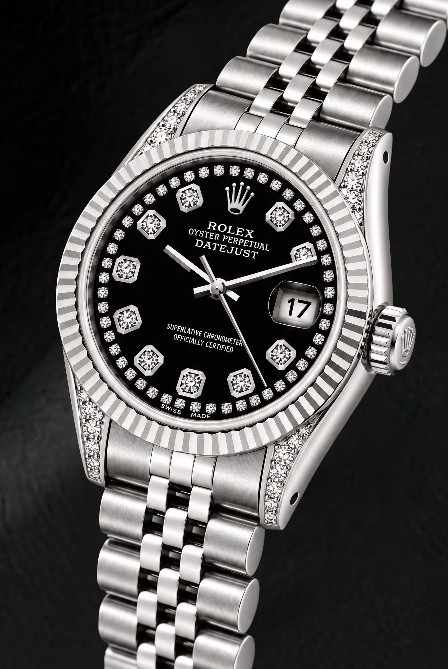 Rolex Datejust 6916 26 mm Uhr aus Edelstahl mit schwarzem Diamantzifferblatt mit Diamantkranz