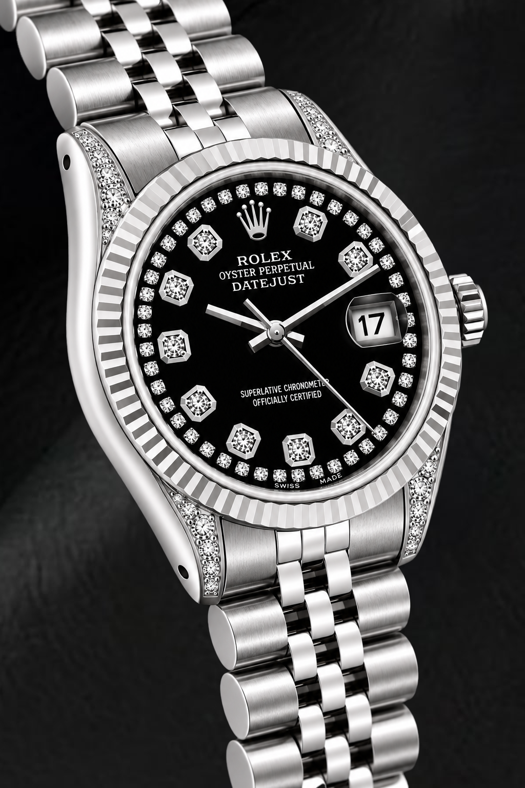 Rolex Datejust 6916 26 mm Uhr aus Edelstahl mit schwarzem Diamantzifferblatt mit Diamantkranz