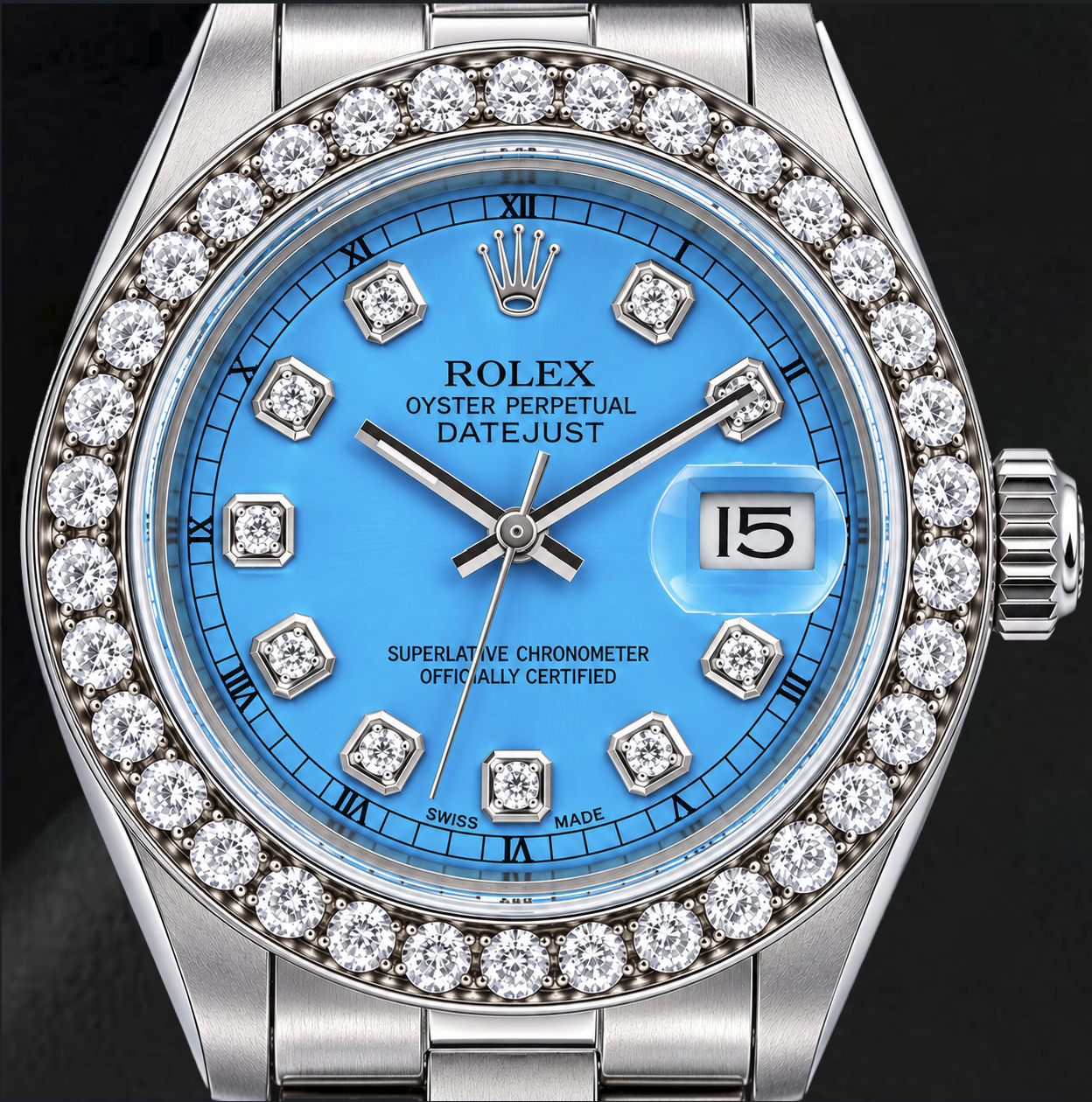 Rolex Datejust 6916 26 mm Edelstahl-Uhr mit blauem Diamantzifferblatt und Oyster-Armband
