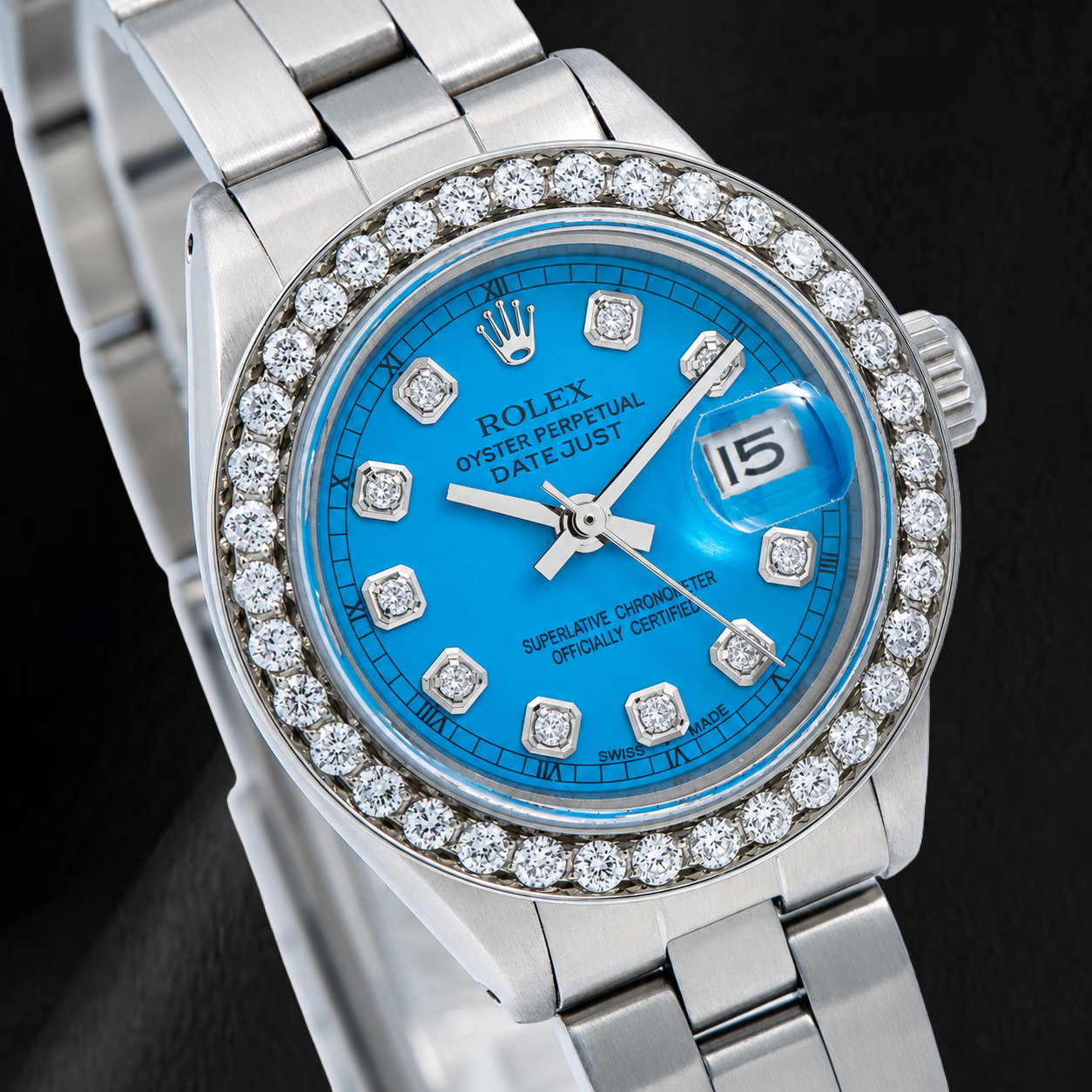 Rolex Datejust 6916 26 mm Edelstahl-Uhr mit blauem Diamantzifferblatt und Oyster-Armband