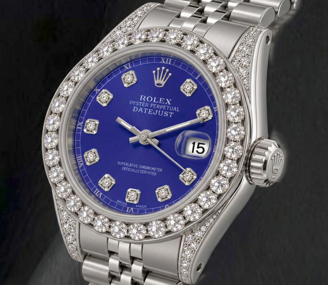 Rolex Datejust 6916 26 mm Uhr mit blauem Diamantzifferblatt und Jubilé-Armband aus Edelstahl