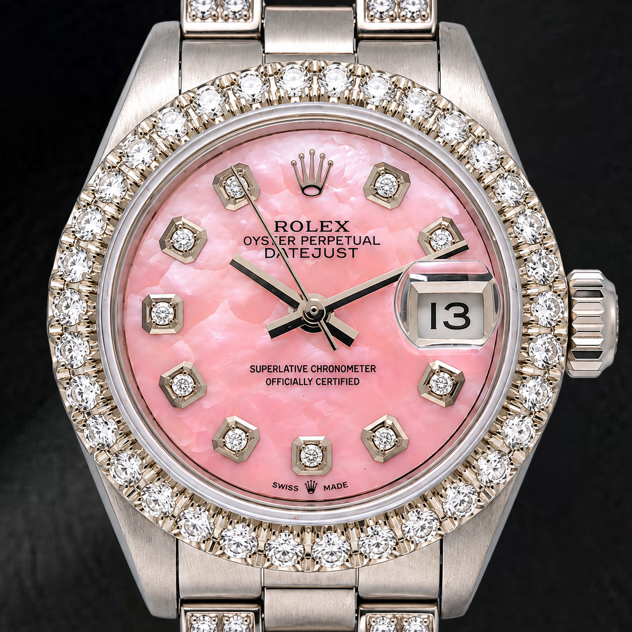 Rolex Datejust 6916 26 mm Uhr aus Edelstahl mit rosa Perlmutt-Diamantzifferblatt und Oyster-Armband mit Diamant-Teilbesatz