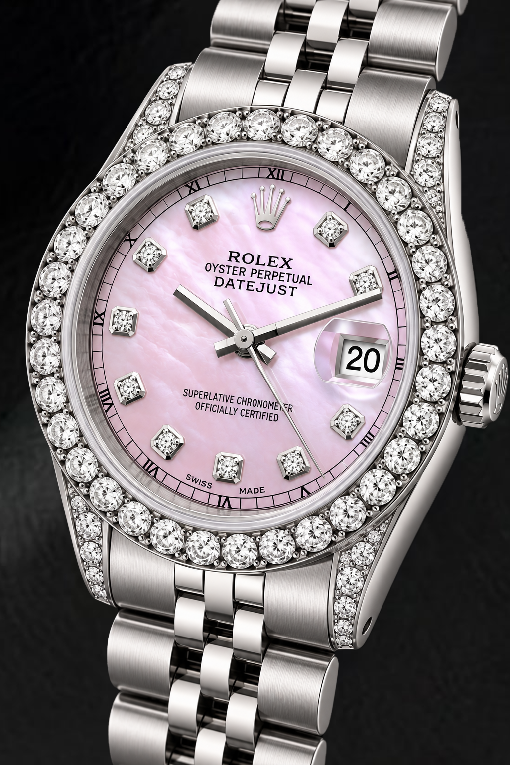 Rolex Datejust 6916 26 mm Armbanduhr aus Edelstahl mit rosa Perlmutt-Diamantzifferblatt