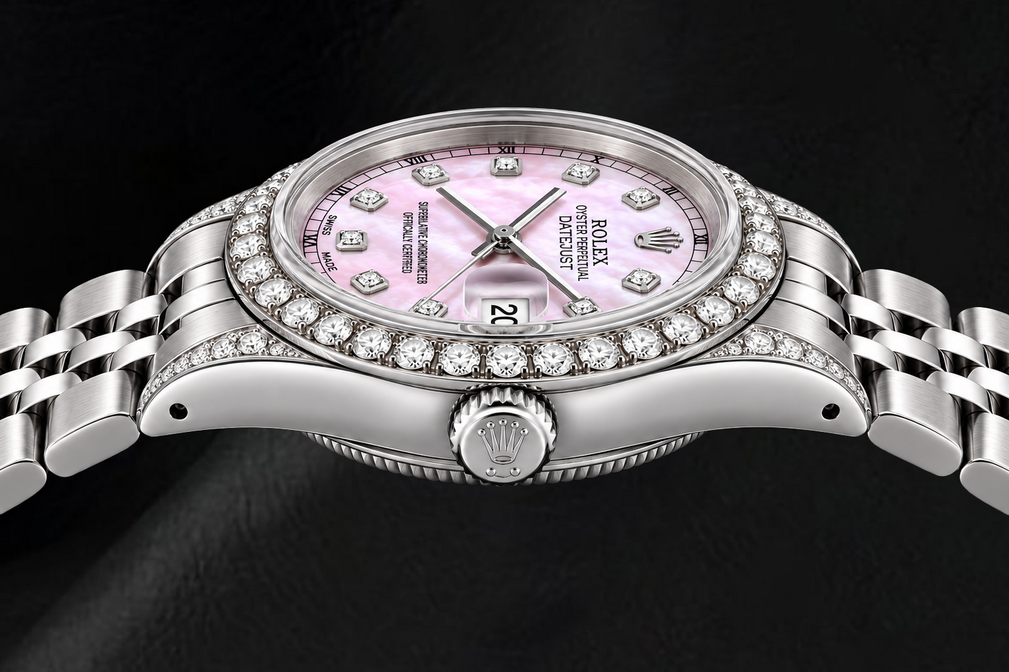 Rolex Datejust 6916 26 mm Armbanduhr aus Edelstahl mit rosa Perlmutt-Diamantzifferblatt