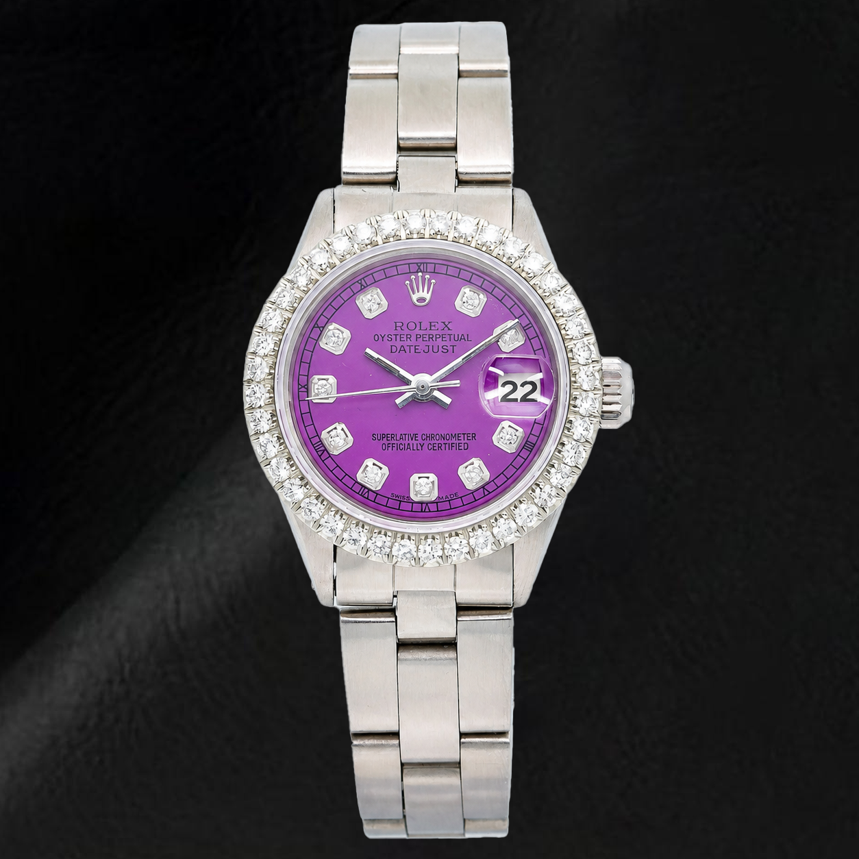 Rolex Datejust 6916 26 mm Uhr, Edelstahl, violettes Diamantzifferblatt, Oyster-Armband