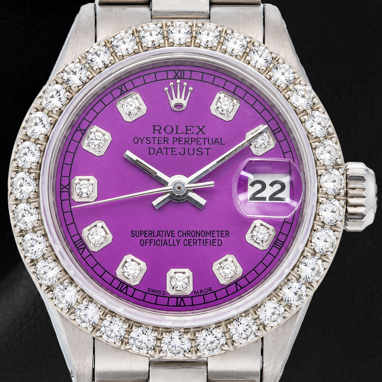 Rolex Datejust 6916 26 mm Uhr, Edelstahl, violettes Diamantzifferblatt, Oyster-Armband